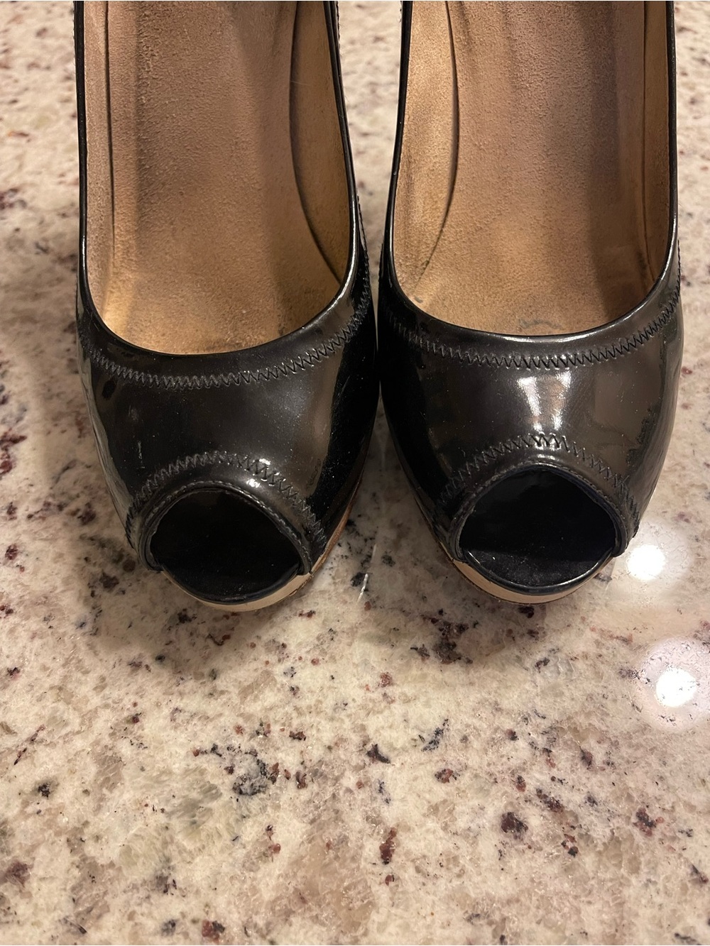 Stuart Weitzman Black Patent Peep-Toe Pumps with Tan Platform - Picture 7 of 8